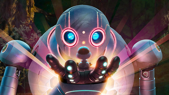 A large, round blue robot holds a small, fuzzy creature in its glowing mechanical hands.