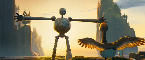 A large robot with outstretched arms stands on a coast facing a bird with spread wings at sunset.