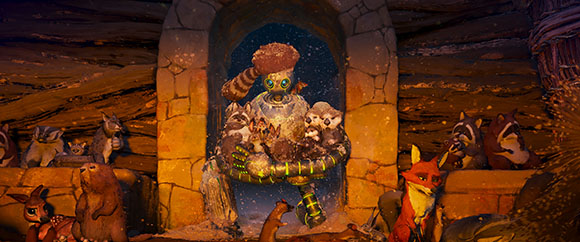 A large robot stands in a stone archway surrounded by many small forest animals like raccoons and foxes.