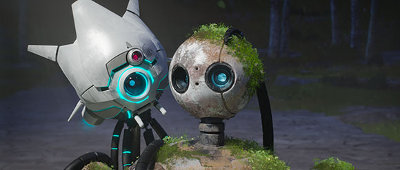 Two small robots, one white and sleek, one weathered and moss-covered, standing in a dark forest.