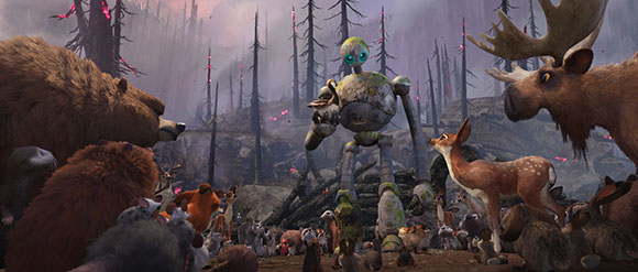 A large, weathered robot stands in a misty forest surrounded by a crowd of diverse animals.