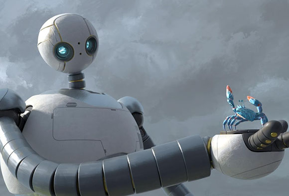 A white humanoid robot holds a small blue crab in its open palm against a cloudy sky.