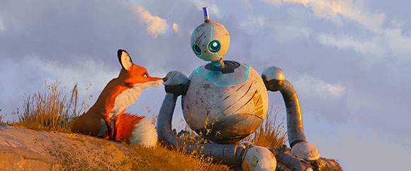 A small orange fox sniffs the face of a round, white robot sitting on a grassy hill under a cloudy sky.