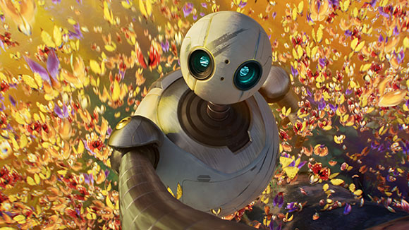 A white spherical robot with large teal eyes amidst a whirlwind of yellow, orange, and purple leaves.