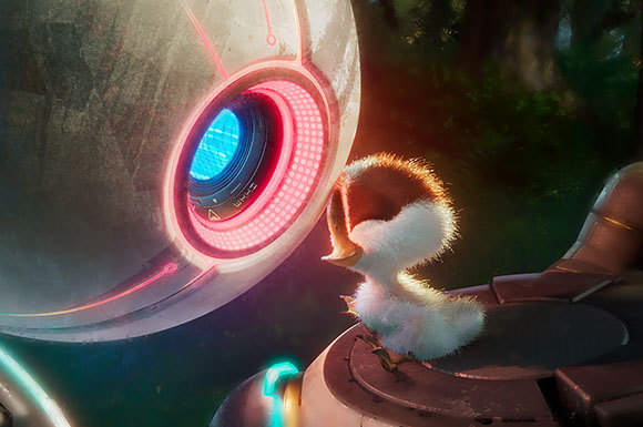 A small white and brown fluffy bird looks up at a massive, glowing metallic sphere in a dark forest.