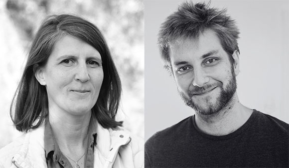 Black and white split-screen portrait of a woman on the left and a man on the right.