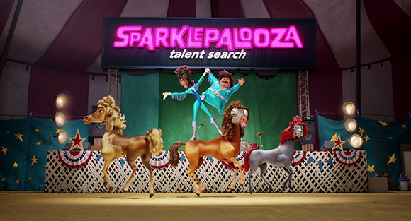 Animated characters dancing on a stage under a 'Sparklepalooza talent search' sign.