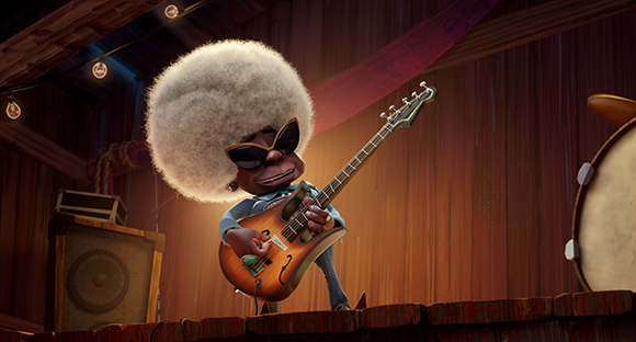 Animated character with a large afro and sunglasses playing a bass guitar on a wooden stage.