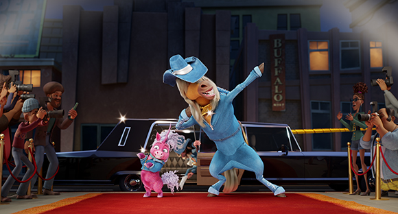An anthropomorphic horse in a blue suit and hat poses on a red carpet in front of a limousine.