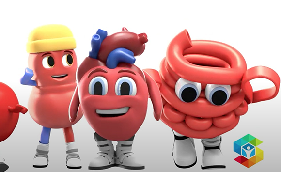 Three 3D cartoon characters shaped like a sausage, a heart, and coiled intestines.
