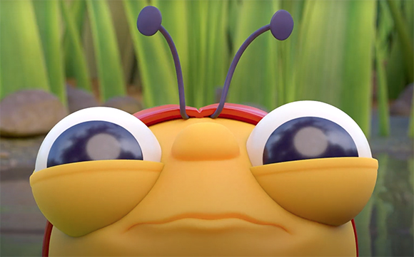 Close-up of a yellow animated insect with large eyes and purple antennae against a green background.