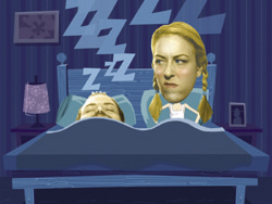 Illustration of a person sleeping in a bed with a large, concerned face and floating Z's above them.