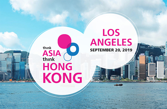 Graphic with text 'think ASIA think HONG KONG' and 'LOS ANGELES SEPTEMBER 20, 2019' over a city skyline and water.