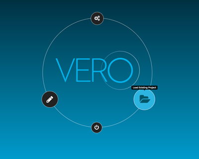 A dark blue interface with the word VERO in light blue, surrounded by a circular menu with four icons.