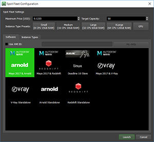 A software window titled Spot Fleet Configuration with settings for price, capacity, instance types, and software.