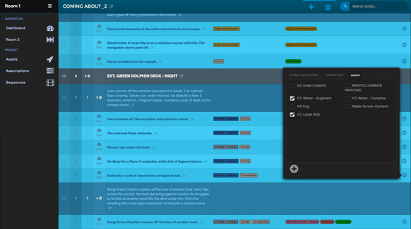A dark-themed software interface showing a blue spreadsheet with text rows and a pop-up menu for global assumptions.