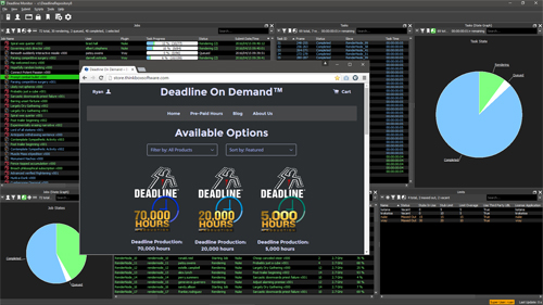 Software dashboard with data tables and pie charts overlaid by a website promoting Deadline On Demand services.