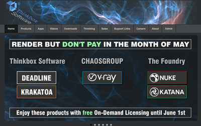 Promotional banner for Thinkbox Software offering free on-demand licensing for Deadline, Krakatoa, V-Ray, Nuke, and Katana.