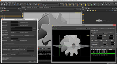 3D modeling software interface showing a gray gear model and multiple control windows on a dark background.