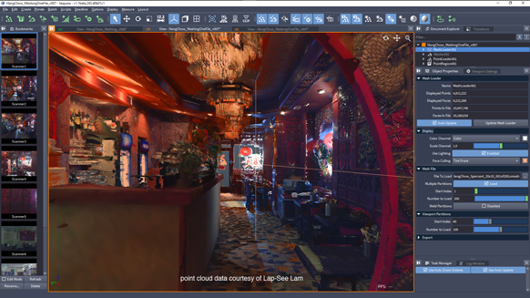 Software interface showing a 3D point cloud model of a restaurant interior with various control panels.