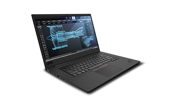 A black laptop open on a white background, showing a blue wireframe 3D engine model on its screen.