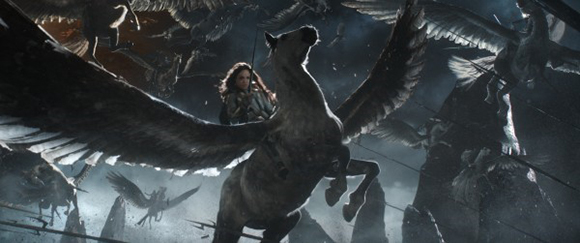 A woman rides a large winged horse amidst a chaotic aerial battle in a dark, stormy sky.