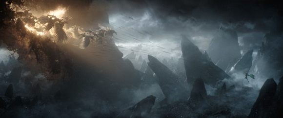 Glowing winged creatures fly through a dark, stormy sky over jagged, misty mountains.