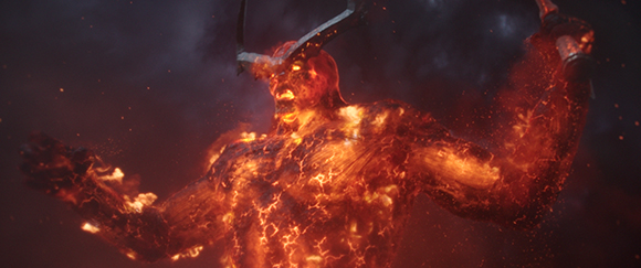 A humanoid figure composed of molten lava and fire with horns, set against a dark, smoky background.