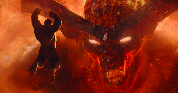 A muscular silhouette jumps toward a massive, glowing red skull amidst swirling orange flames.