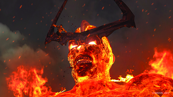 A massive, glowing orange fiery entity with a dark, curved structure piercing through its head amidst flames.