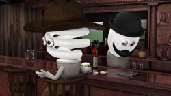 Animated white characters wearing hats sit at a wooden bar counter.