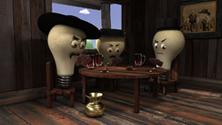 Three cartoon lightbulb characters sitting around a wooden table with mugs in a dimly lit room.