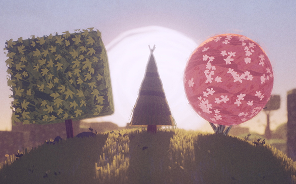 Three stylized trees of different shapes and colors stand on a grassy hill under a large, bright sun.