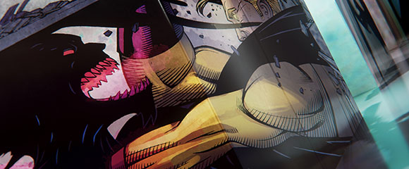 A comic book panel showing a dark, snarling creature facing a muscular character.