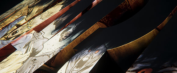 Layered, curved panels featuring dark, stylized illustrations of faces and figures.