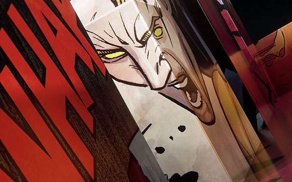 Close-up comic art of a pale, intense character with yellow eyes and an open mouth.