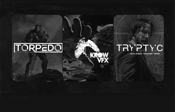 Three black and white rectangular panels featuring logos for Torpedo Pictures, Krow VFX, and Trypty'c.