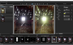 A photo editing software interface displaying a side-by-side comparison of a dark, lit interior room.