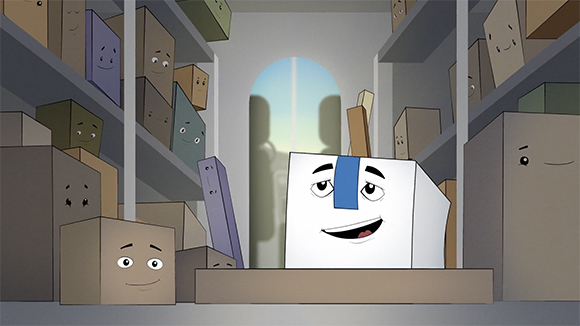 Cartoon boxes with faces sitting on various shelves in a warehouse-like setting.