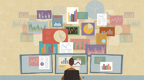 Illustration of a person sitting before three computer monitors displaying various colorful data charts and graphs.