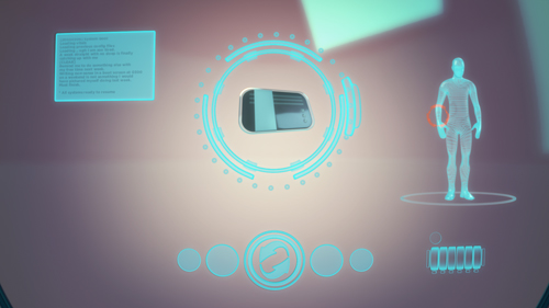 Digital interface with a floating rectangular object and a glowing blue human hologram.