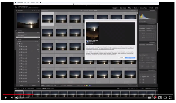 Adobe Lightroom interface displaying a grid of landscape photos with one image enlarged in a pop-up window.