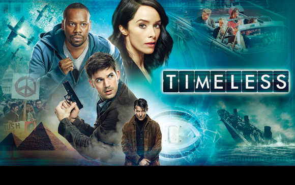 Collage of characters from the show Timeless against a backdrop of historical scenes and time travel effects.