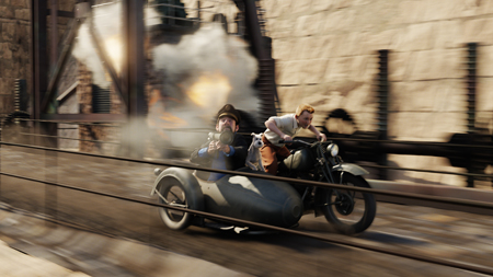 Two men and a dog ride a motorcycle with a sidecar past a large explosion near a stone building.