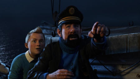 A bearded sailor in a captain's hat points into the distance while a young boy watches him with a surprised expression.