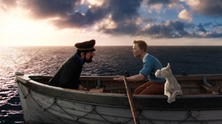 A man in a dark coat and cap faces a man in a blue shirt in a wooden rowboat on the sea at sunset.