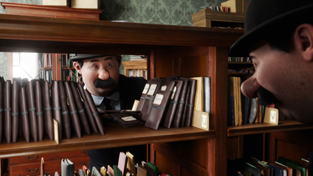 Two men with mustaches peer through the shelves of a wooden bookcase filled with dark leather books.