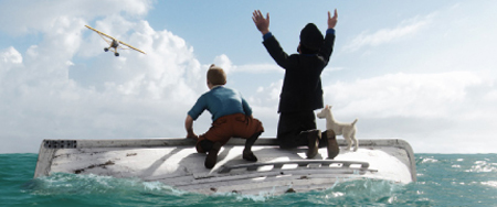 Two children and a small white dog sit on a floating white slab in the middle of a blue ocean.