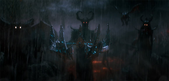 Dark, shadowy creatures with glowing eyes stand in a heavy downpour amidst a dark, misty landscape.