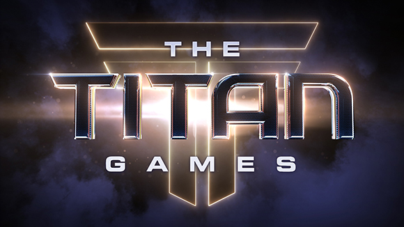 Metallic text reading 'THE TITAN GAMES' with glowing outlines against a dark, smoky background.